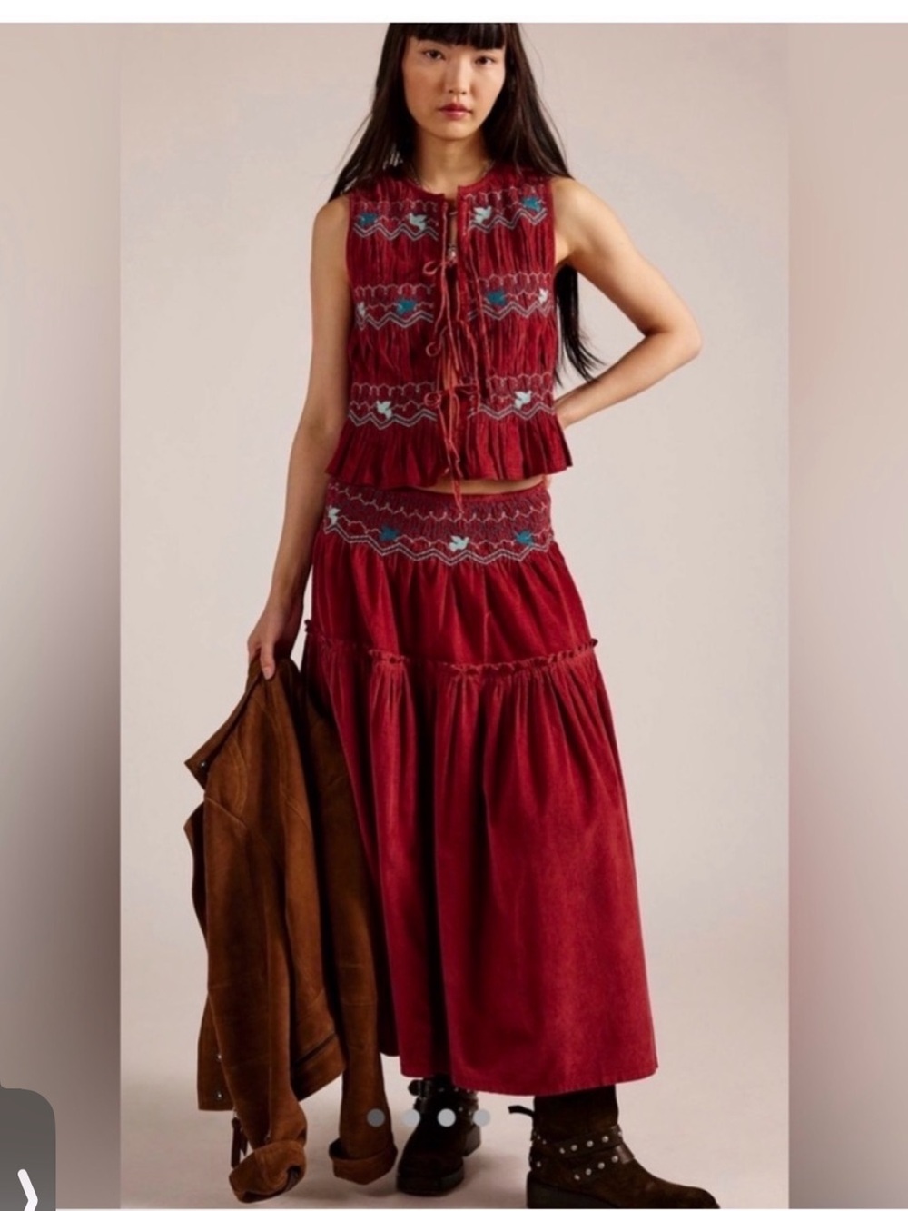 Free People Terra Smocked Maxi Skirt Embroidered Tiered Smocked SKIRT Boho